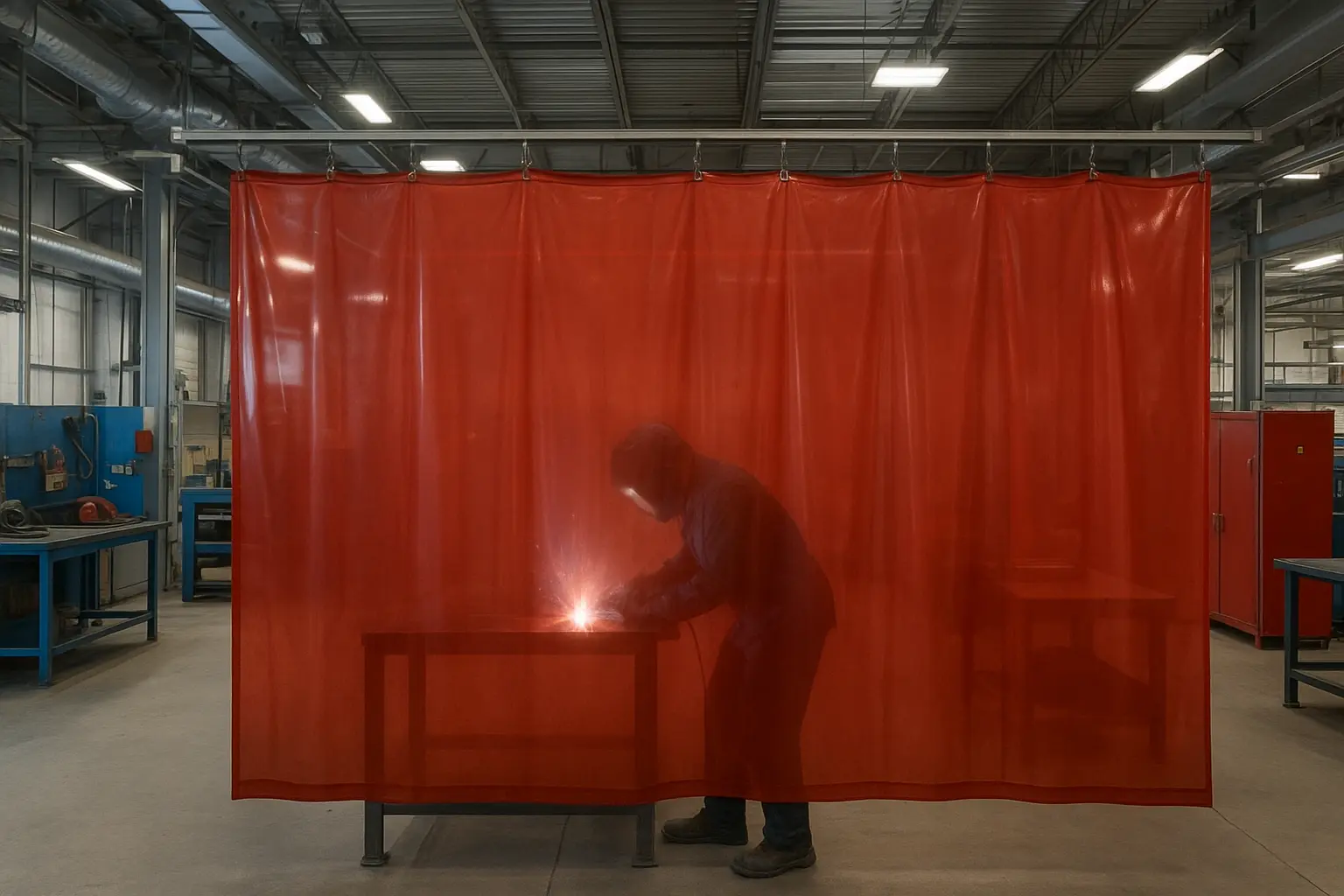Semitransparent red industrial welding curtain protecting a factory worker from arc radiation, highlighting CSA W117.2 compliance.