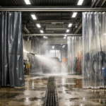 Custom wash bay curtains installed in a commercial vehicle washing facility in Edmonton Alberta