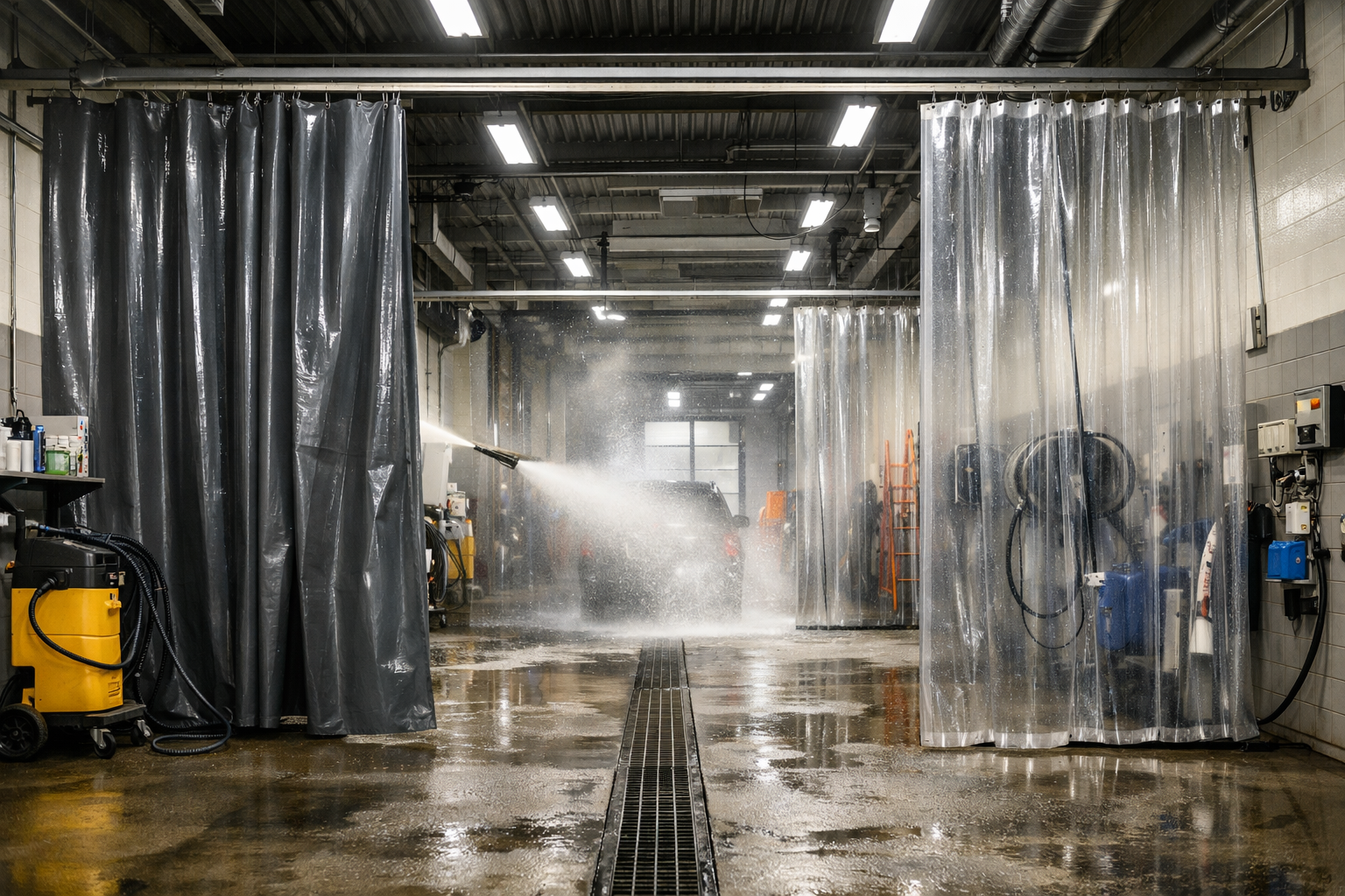 What Are Wash Bay Curtains and Why Does Your Business Need Them? 2 Custom wash bay curtains installed in a commercial vehicle washing facility in Edmonton Alberta