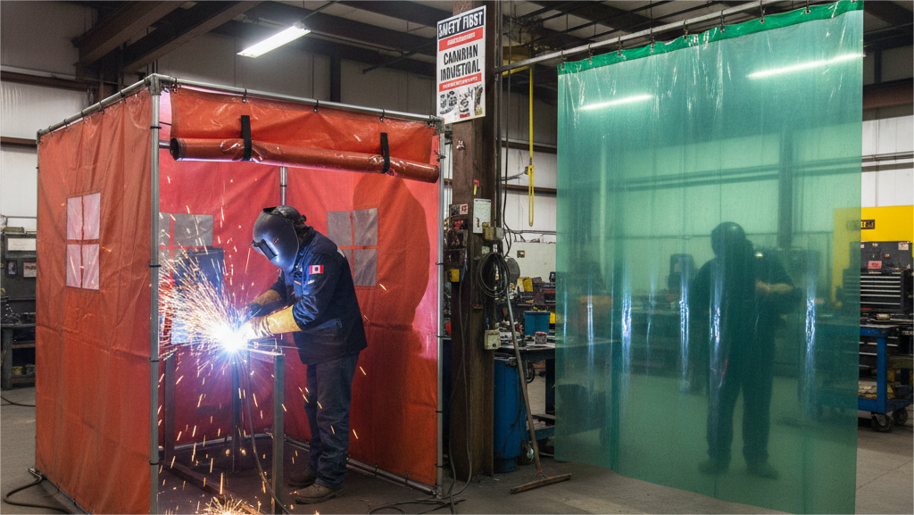 Welding tent and welding curtain side by side in an industrial worksite in Edmonton Alberta