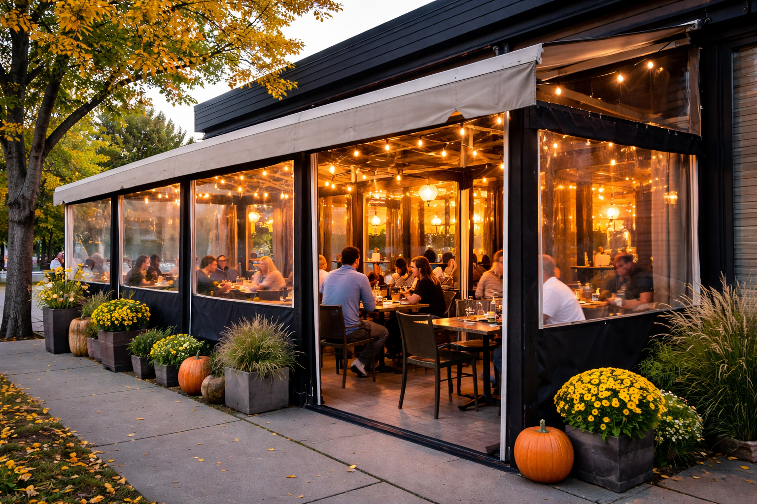Custom commercial patio enclosure with fabric panels and awning on a restaurant patio in Edmonton Alberta