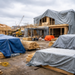 Heavy duty custom tarp covering building materials and equipment on an active construction site in Edmonton Alberta