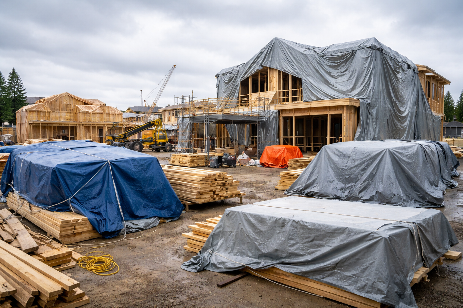 Heavy duty custom tarp covering building materials and equipment on an active construction site in Edmonton Alberta