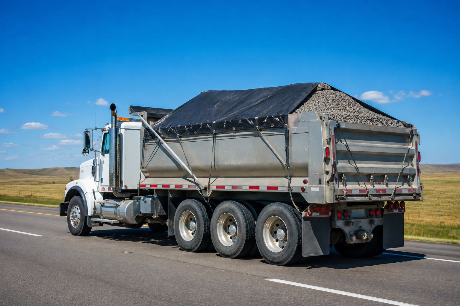 Heavy duty dump truck with a custom tarp securely covering a gravel load on an Alberta highway