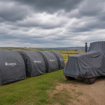 Custom tarp covers protecting farm equipment and hay bales on an Alberta farm through winter