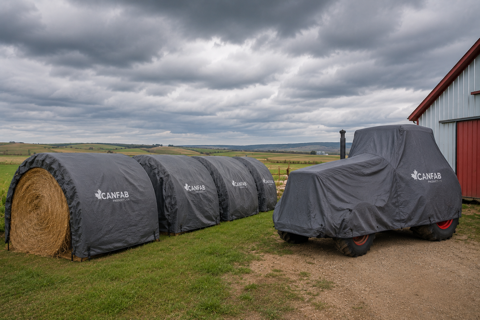 Custom tarp covers protecting farm equipment and hay bales on an Alberta farm through winter