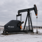 ustom oil field equipment cover protecting a pump jack and engine housing on an Alberta oilpatch site in winter