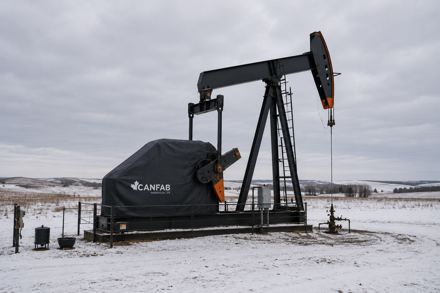 ustom oil field equipment cover protecting a pump jack and engine housing on an Alberta oilpatch site in winter