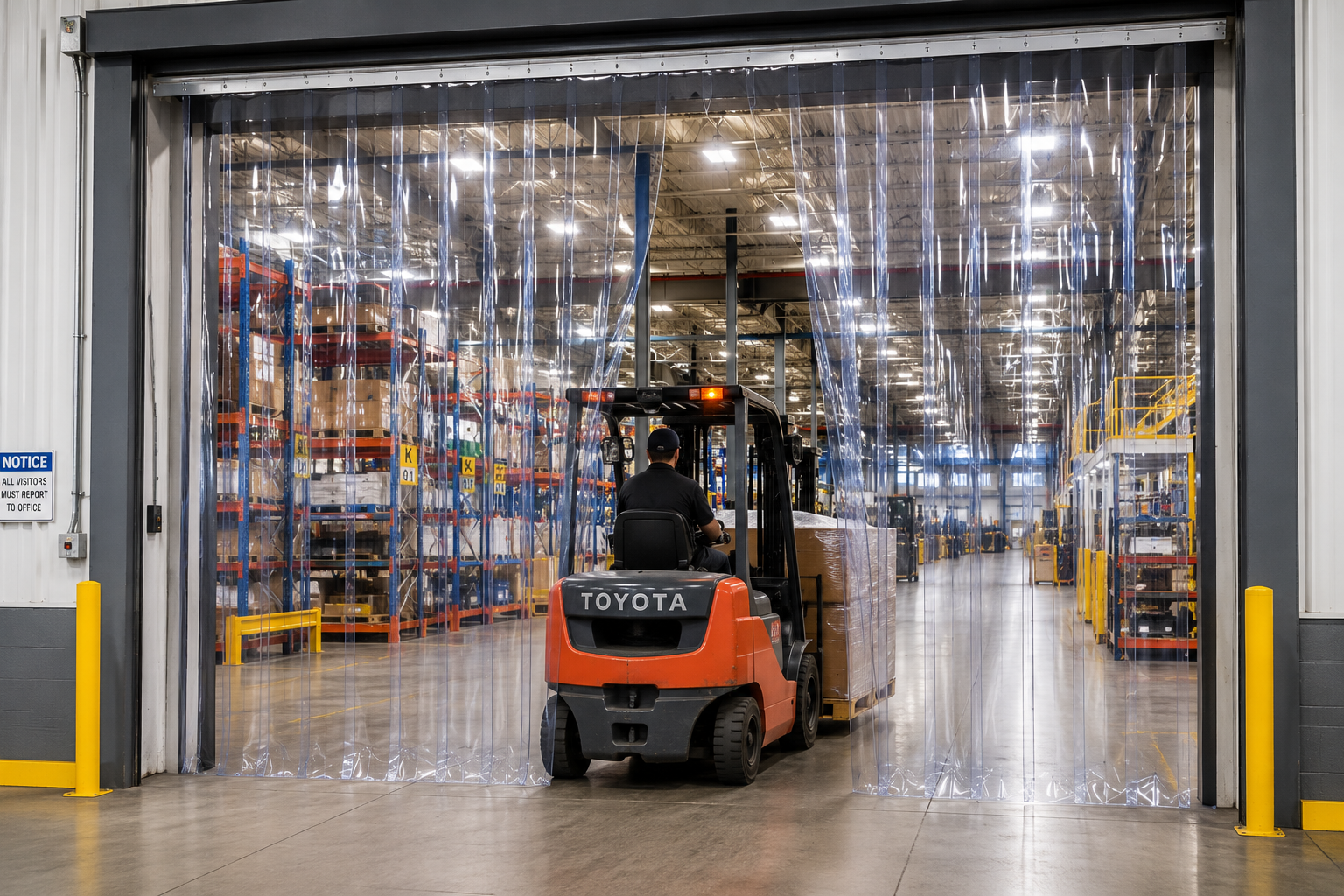 PVC strip curtains installed at an industrial doorway in a warehouse facility in Edmonton Alberta