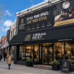 Custom fabric banner and commercial awning signage on a retail storefront in Edmonton Alberta