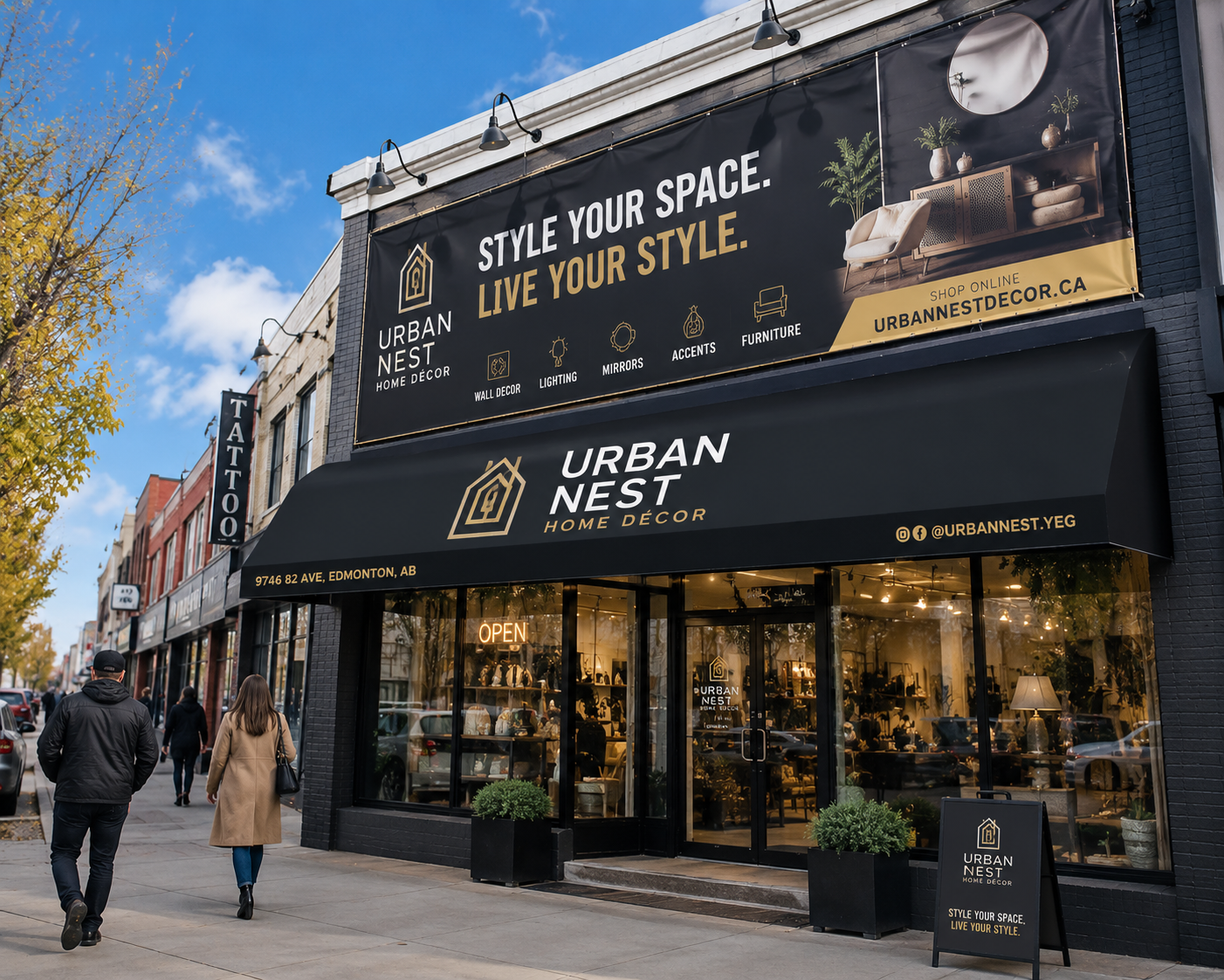 Custom fabric banner and commercial awning signage on a retail storefront in Edmonton Alberta