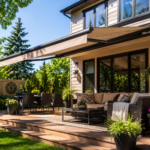 Custom retractable residential awning extended over a deck on an Edmonton Alberta home on a sunny summer day