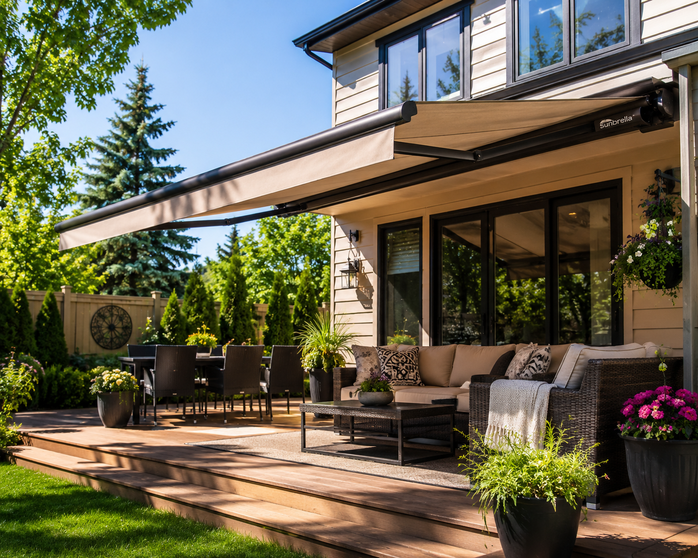 Residential Awnings for Alberta Homes: Energy Savings, UV Protection, and Year-Round Comfort 2 Custom retractable residential awning extended over a deck on an Edmonton Alberta home on a sunny summer day