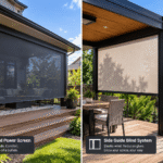 Power screen and side guide blind installed side by side on an Edmonton residential deck in summer
