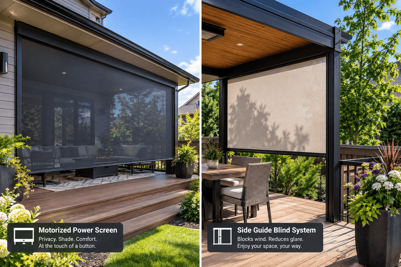 Power Screens vs. Side Guide Blinds: Which Is Right for Your Outdoor Space? 2 Power screen and side guide blind installed side by side on an Edmonton residential deck in summer